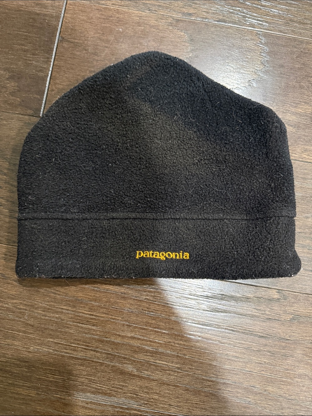 Vtg Patagonia Fleece Beanie Hat Made in USA Black Gold Embroidered Logo OSFA